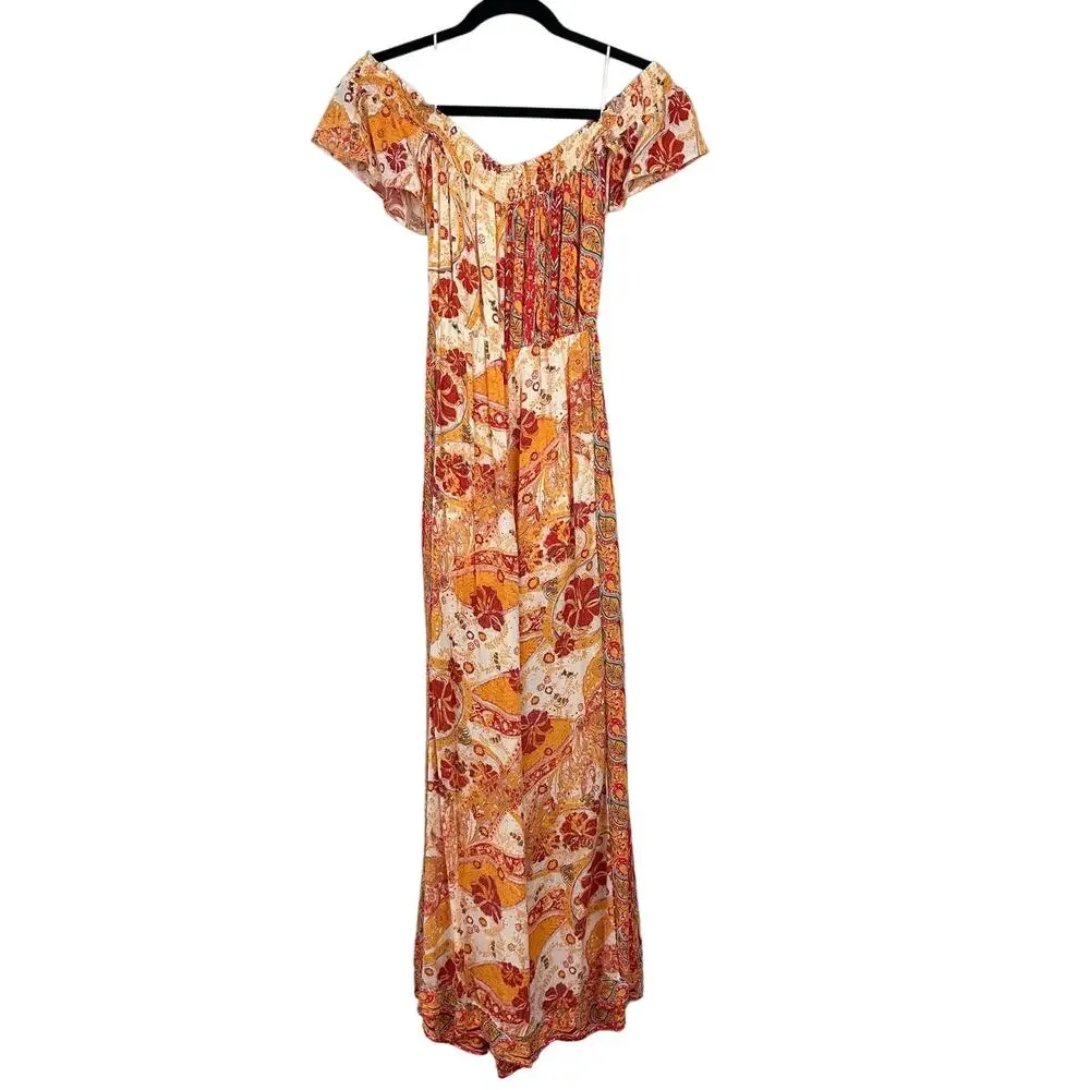Free People Carmen Off The Shoulder Floral Jumpsuit‎ Wide Leg Boho Orange XS